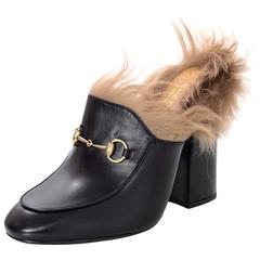 Gucci LIKE NEW 2016/17 Black Leather Princetown High Heel Mules w/ Fur sz 39.5
