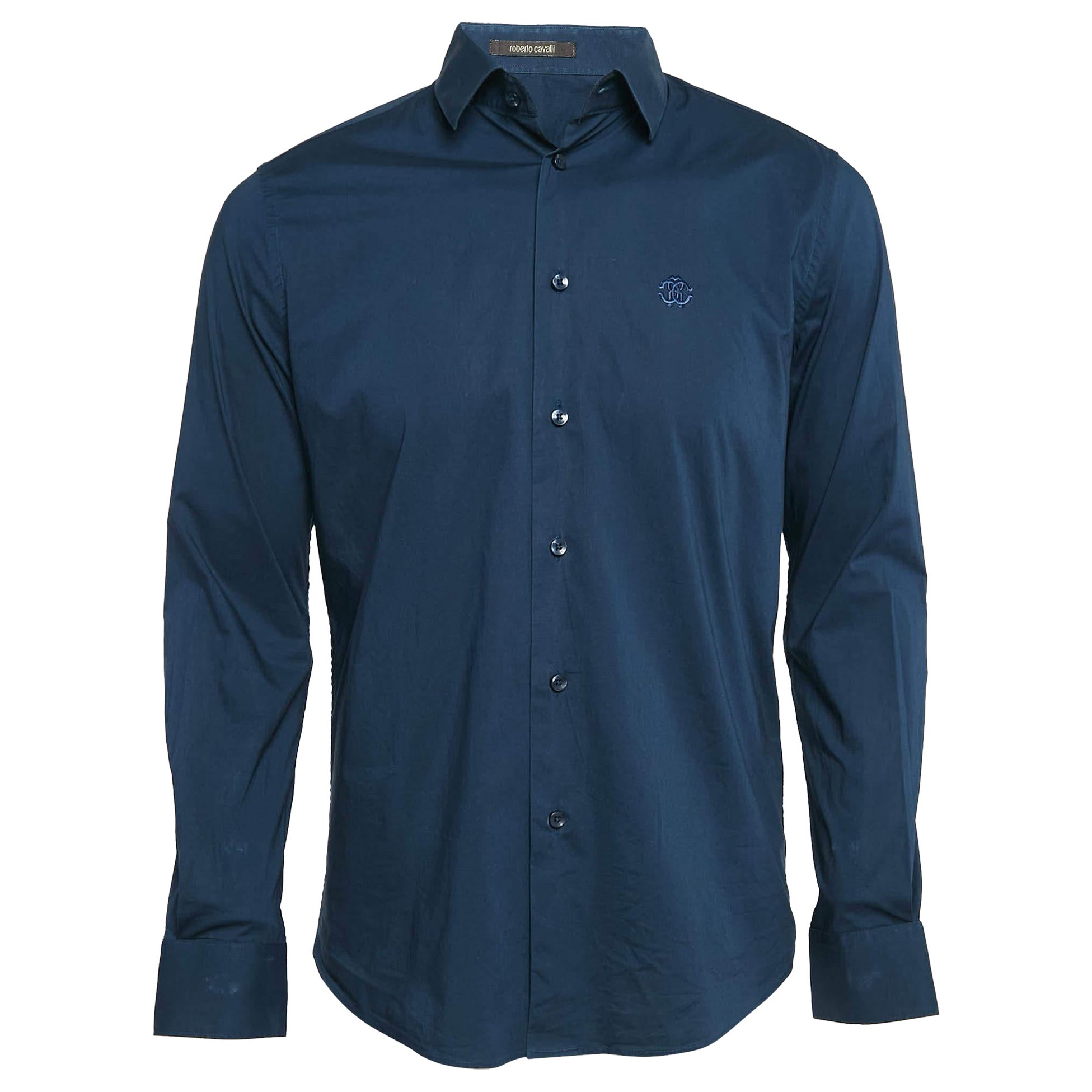 Roberto Cavalli Navy Blue Cotton Button Front Shirt XL For Sale