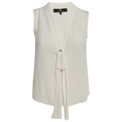 Elisabetta Franchi White Crepe V-Neck Bow Detail Top M