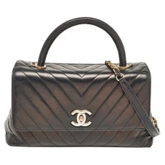 Chanel Black Chevron Leather Small Coco Top Handle Bag