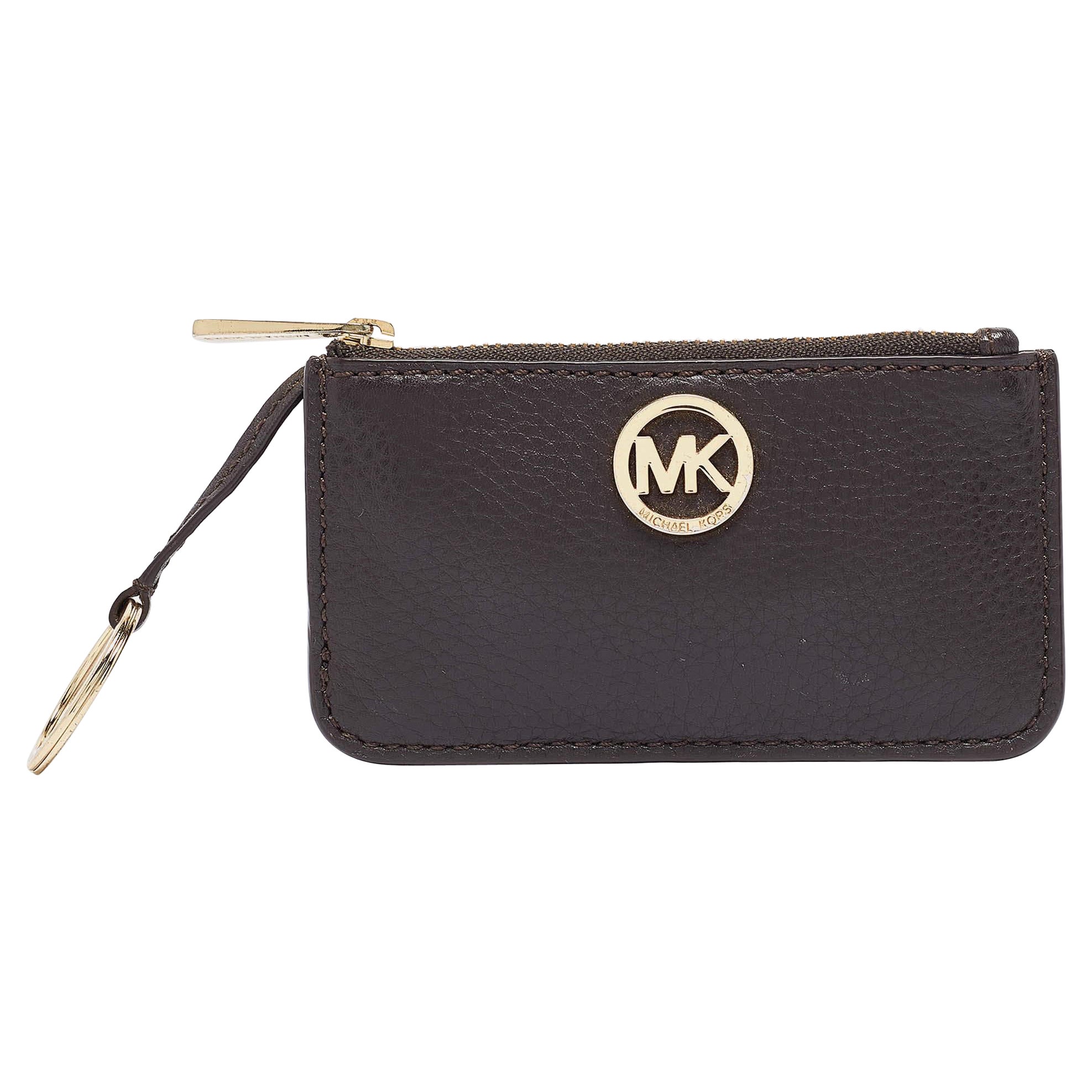Michael Kors Dark Brown Leather Top Zip Coin Purse For Sale