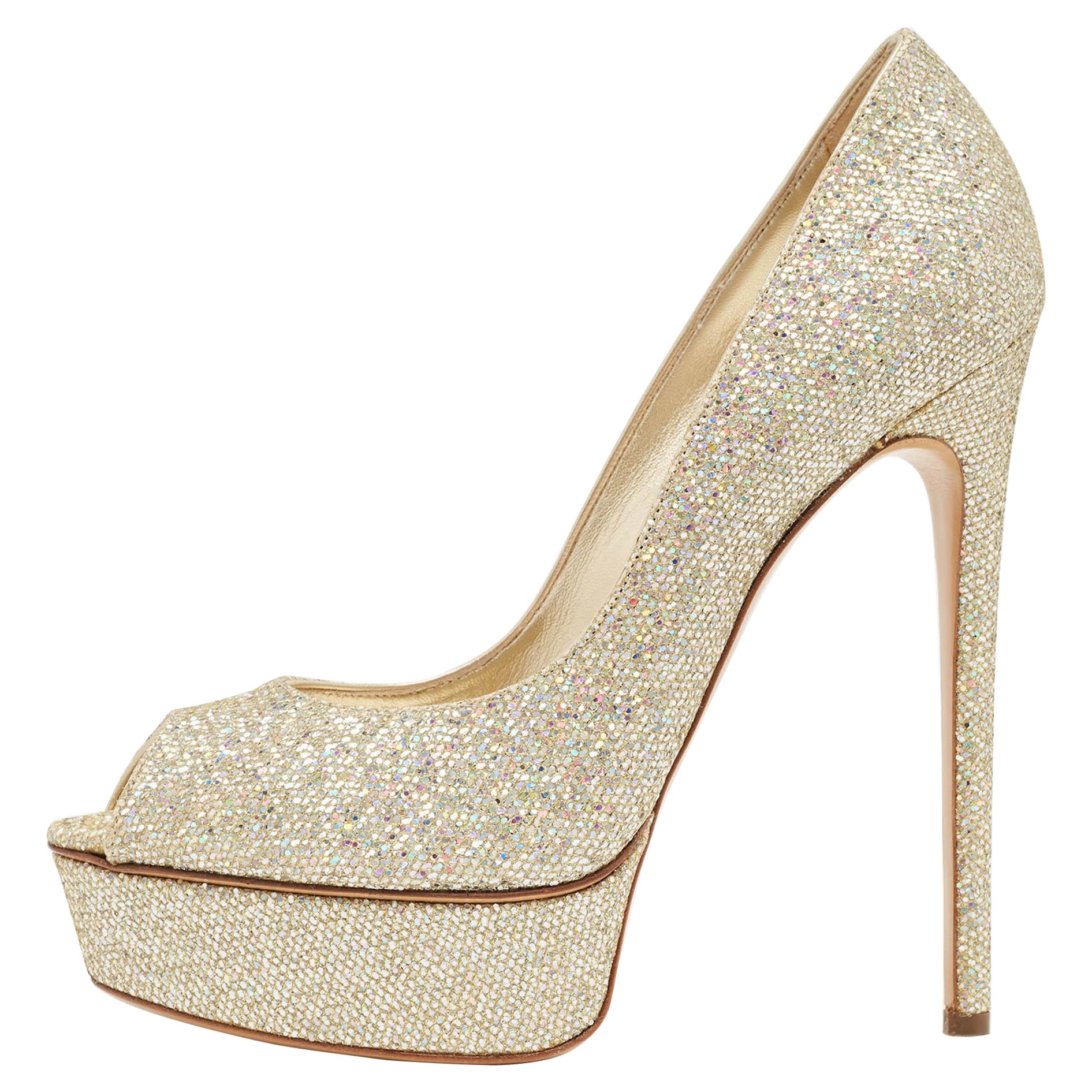 Casadei Gold Glitter Fabric Platform Peep Toe Pumps Size 40 For Sale