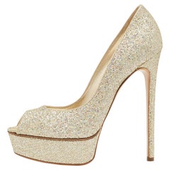Casadei Gold Glitter Fabric Platform Peep Toe Pumps Size 40