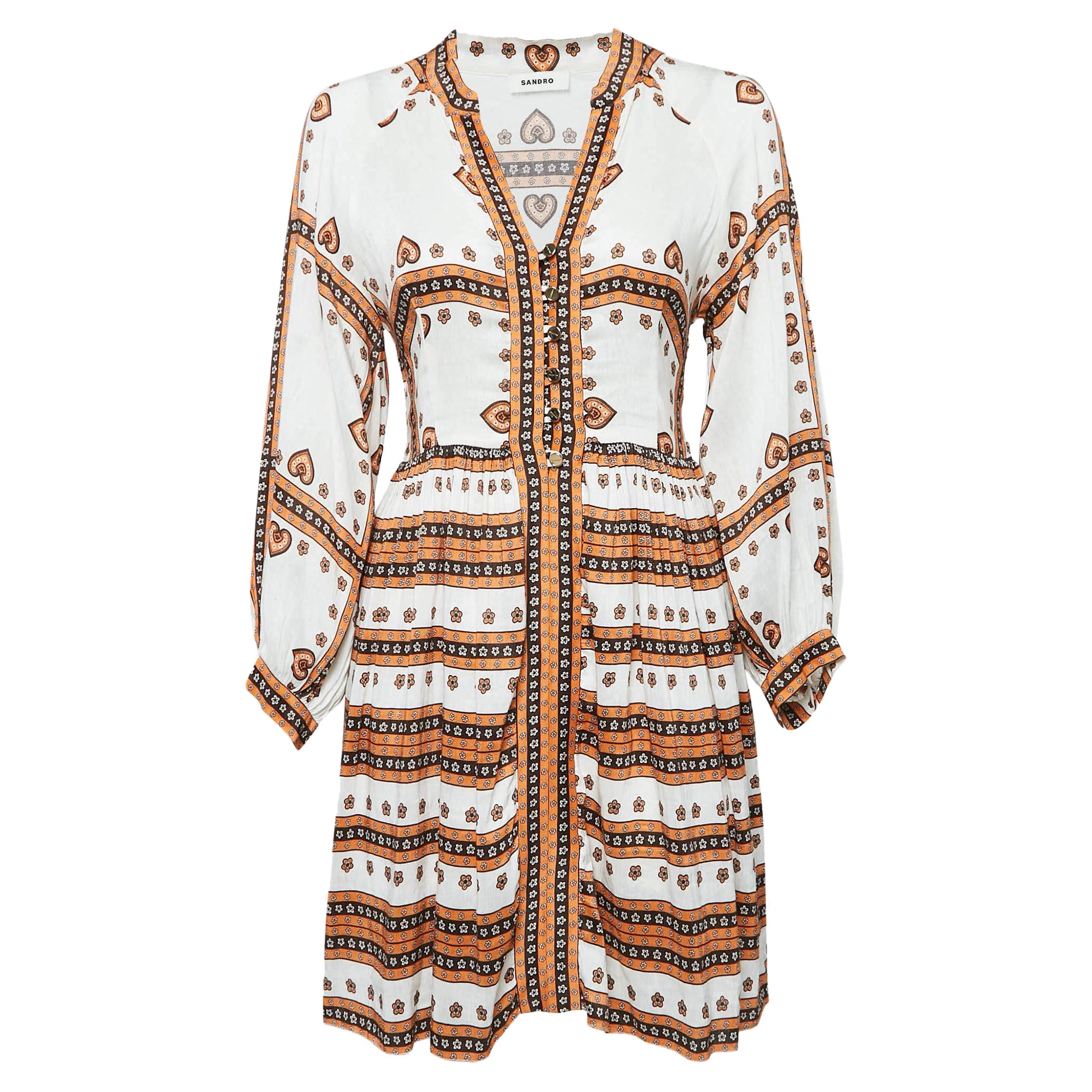 Sandro White Printed Linen Blend Ramata Mini Dress S