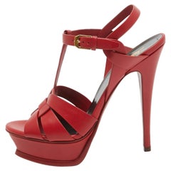 Saint Laurent Red Leather Tribute Platform Sandals Size 38.5