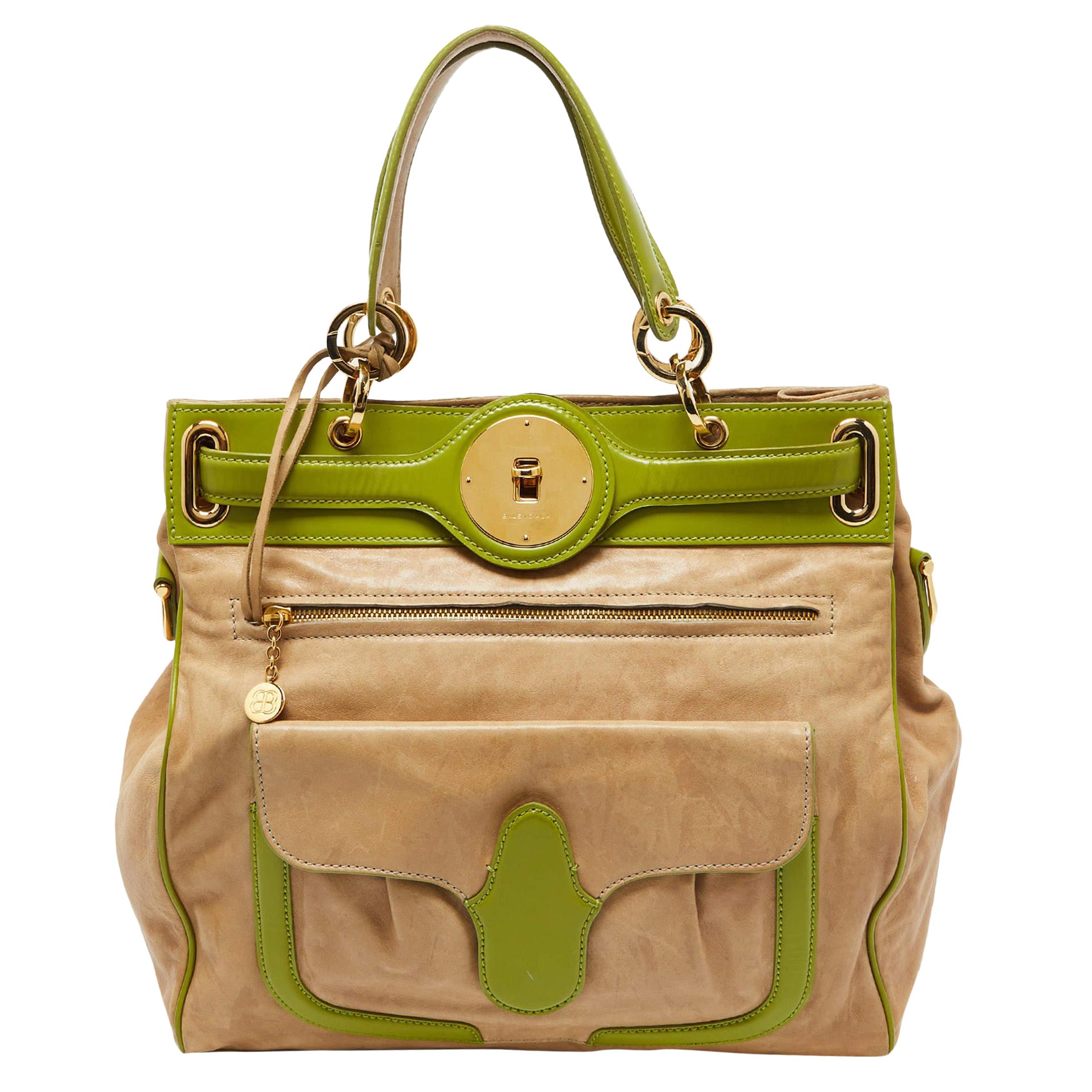 Balenciaga Beige/Green Leather Lune Tote For Sale