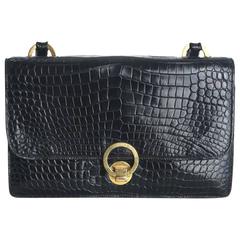 Hermes Black Crocodile Handbag with Ring Closure circa 1960s 3