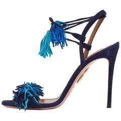 Aquazzura Blue Suede Wild Thing Fringe Ankle Strap Sandals Size 38