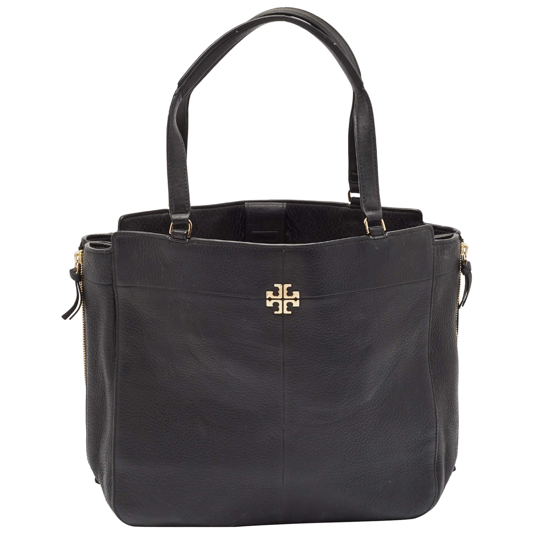 Tory Burch Black Leather Ivy Side Zip Tote For Sale