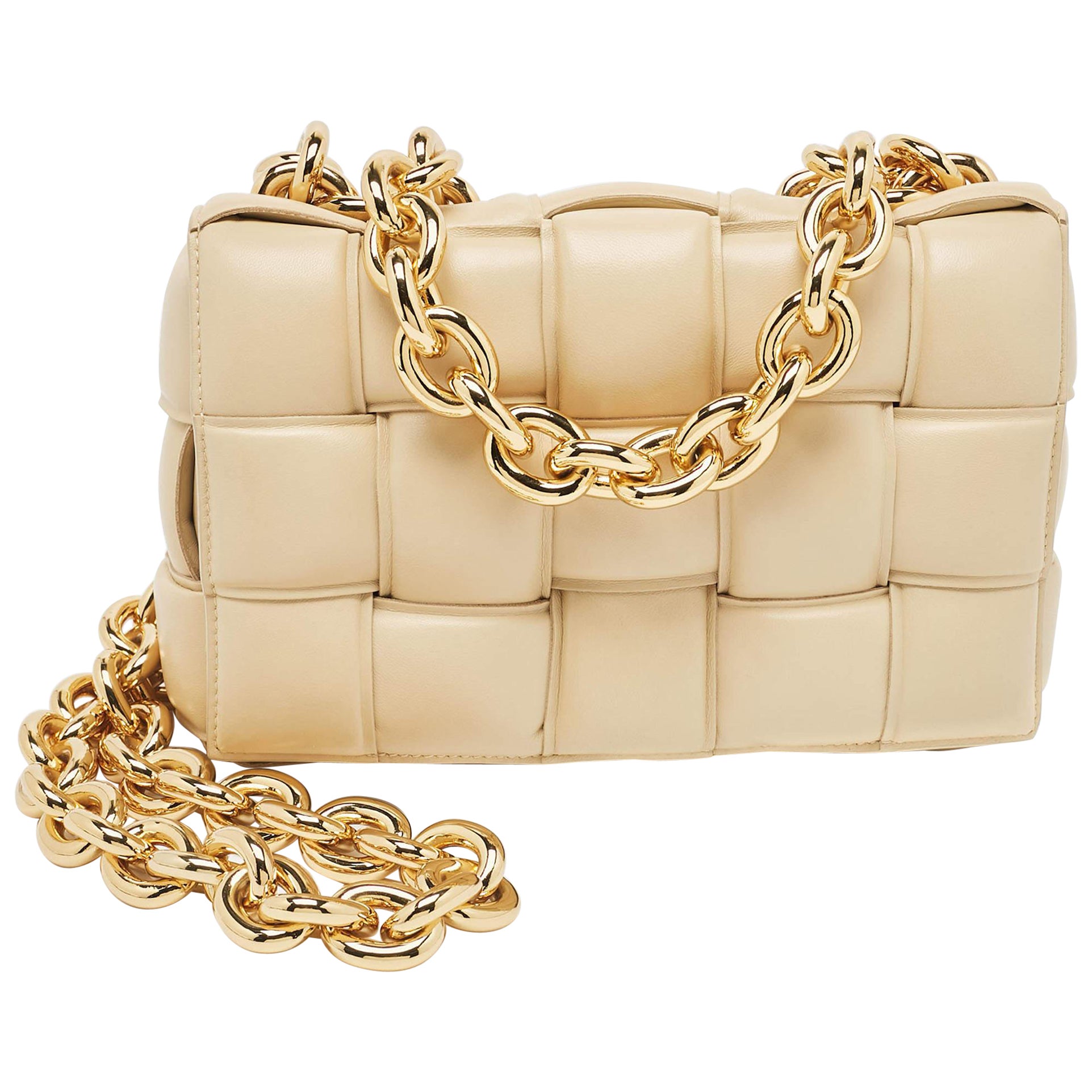Bottega Veneta Beige Padded Leather Cassette Chain Shoulder Bag For Sale