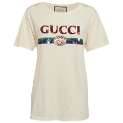 Gucci Cream Sequin Logo Cotton Crew Neck T-Shirt L