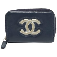 Used Chanel Blue/Silver Leather CC Zip Coin Purse