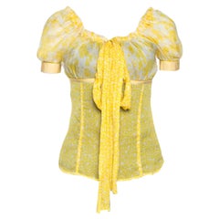 D&G Yellow Floral Print Sheer Silk Crepe Elasticized Neck Blouse S