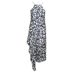 Josh Goot Navy Blue and White Printed Silk Side Bustle Dress XS