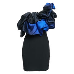 Solace London Black/Blue Crepe One-Shoulder Ruffled Mini Dress S