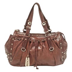 DKNY Dark Brown Leather Studded Drawstring Tote