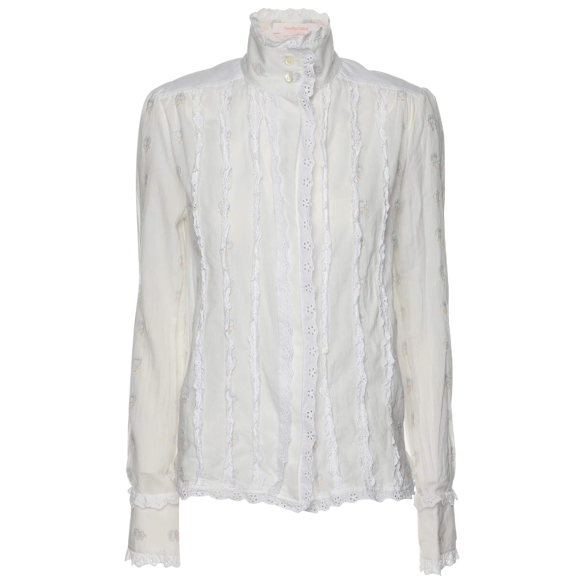 See by Chloe White Cotton Ruffled Detail Top S For Sale