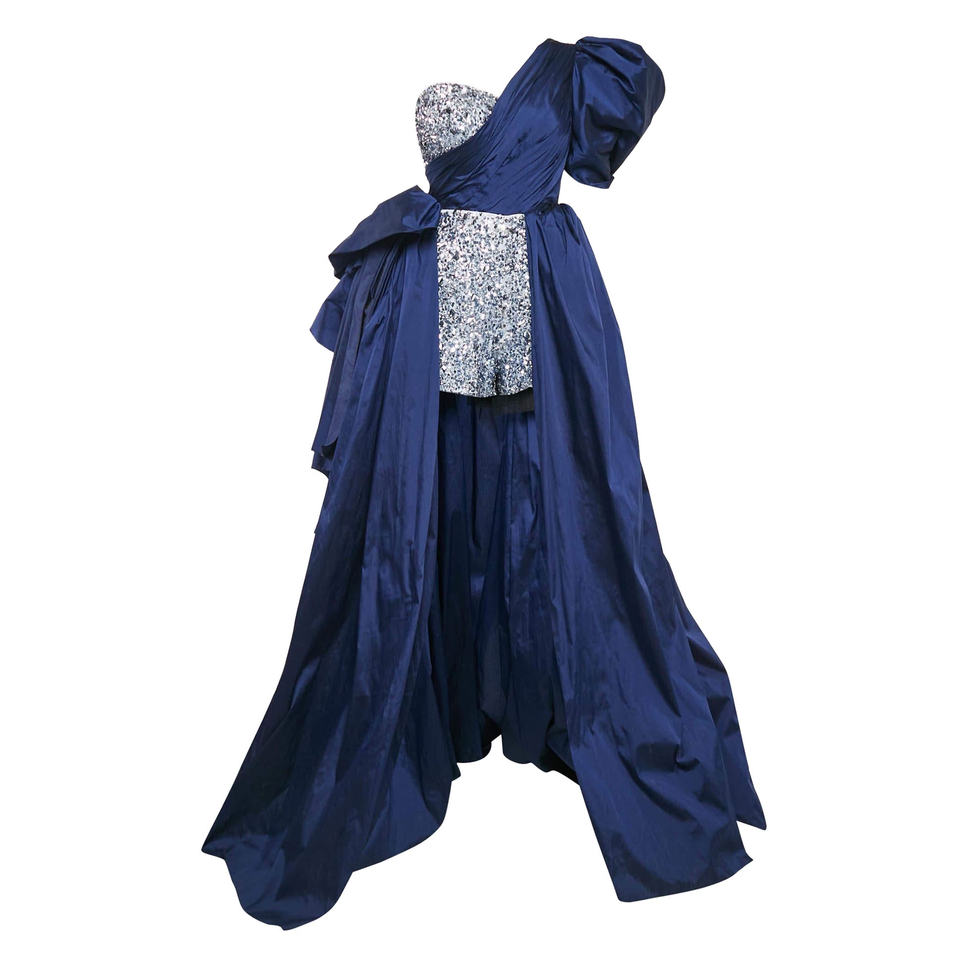 Amelie Baku Blue Sequin Embellished Satin Draped One Shoulder Gown S For Sale