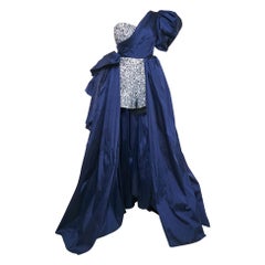 Amelie Baku Blue Sequin Embellished Satin Draped One Shoulder Gown S