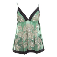 Etro Green Sheer Silk Sequined Floral Applique Detail Babydoll Top L