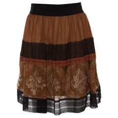 Alberta Ferretti Brown Silk Colorblock Lace Panel Detail Gathered Skirt L