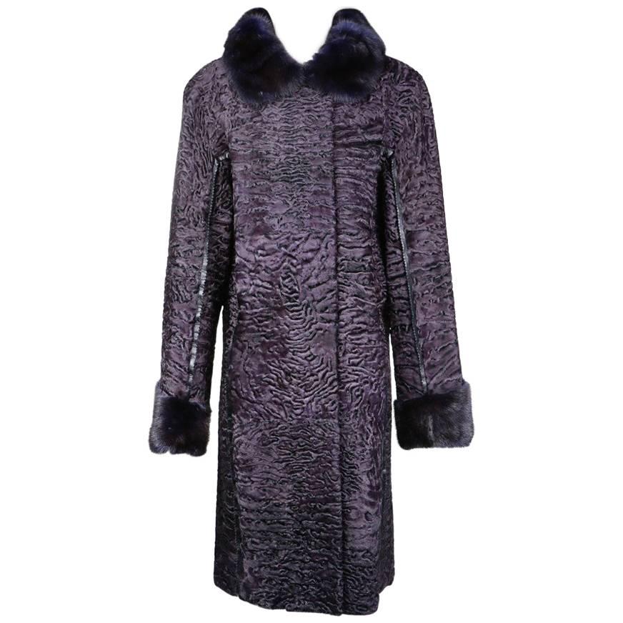 Fendi Long Broadtail Coat with Mink Collar and Cuffs, Modern