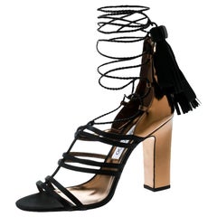 Jimmy Choo Satin & Metallic Bronze Leather Diamond Ankle Tie Up Sandals Size 40