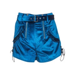 Self Portrait Peacock Blue Velvet Lace-up Cuff Belted High Waist Shorts S