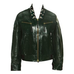 Marni Emerald Green Perforated Leather Floral Embellished Detail Bomber Jacket S