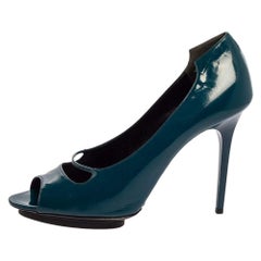 Balenciaga Peacock Blue Patent Leather Peep Toe Pumps Size 39.5