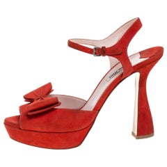 Miu Miu Red Suede Bow Ankle Strap Platform Sandals Size 39