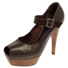 Marni Grey Leather Mary Jane Peep Toe Platform Pumps Size 39