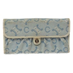 Celine Macadam - Portefeuille continental bleu avec bordure en denim et cuir