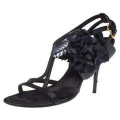 Louis Vuitton Black Satin & Patent Leather Flower Embellished Ankle Strap Sandal
