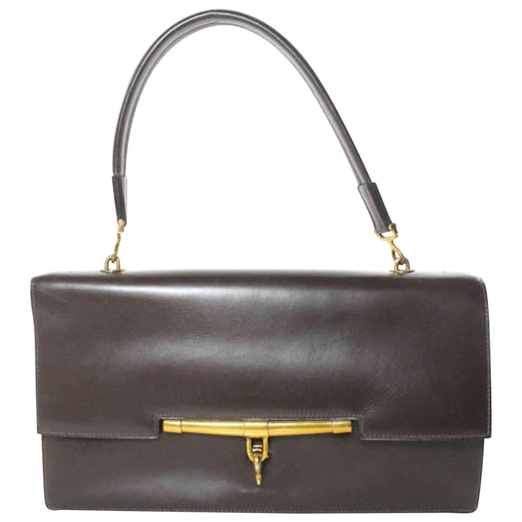 Hermes Vintage Brown Leather Evening Top Handle Satchel Kelly Style Flap Bag