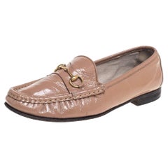 Gucci Beige Patent Leather Horsebit Slip On Loafers Size 38