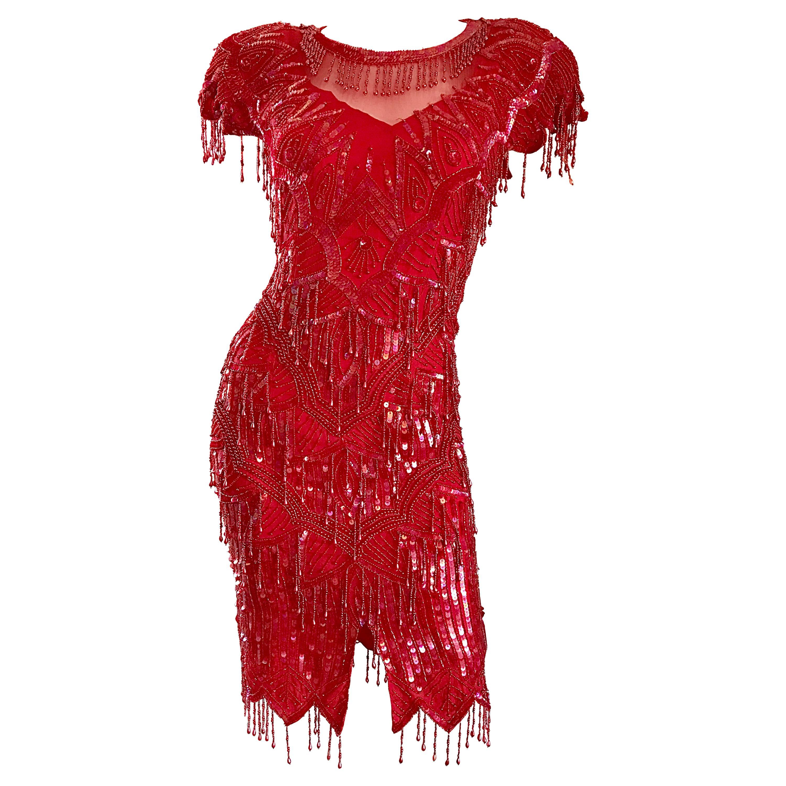 Incredible Lipstick Red Silk Sequin Beaded Flapper Style Vintage Cocktail Dress