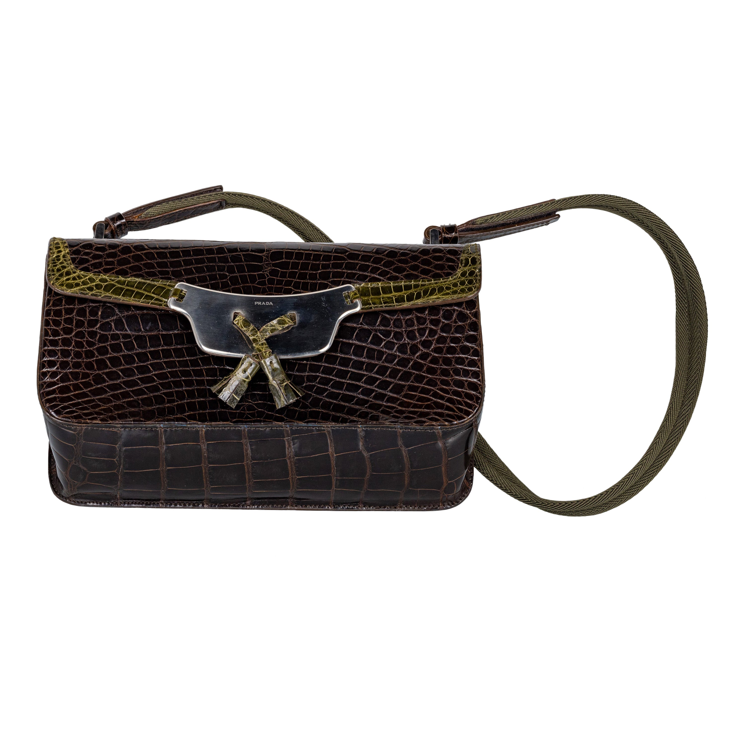 Prada Brown & Green Crocodile Shoulder Bag Y2K For Sale