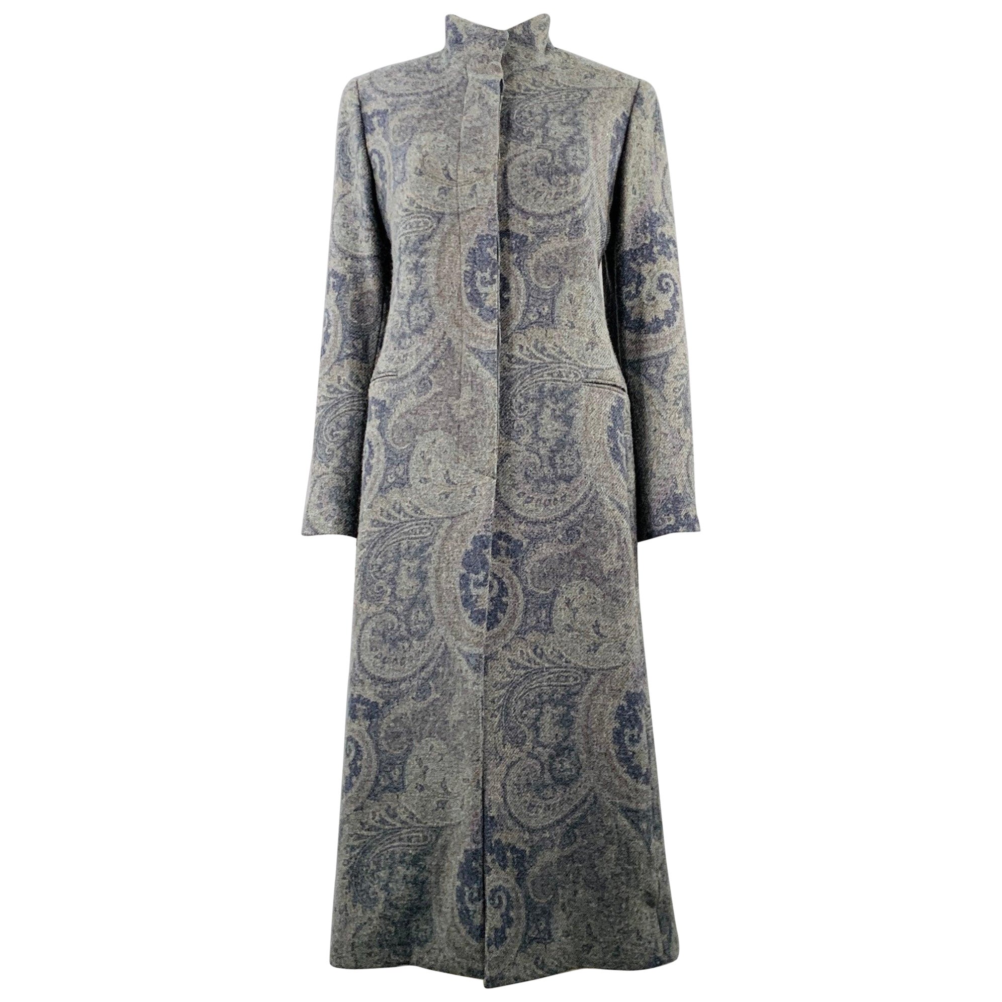 RALPH LAUREN Size M Grey Blue Wool Paisley Hidden Buttons Coat For Sale