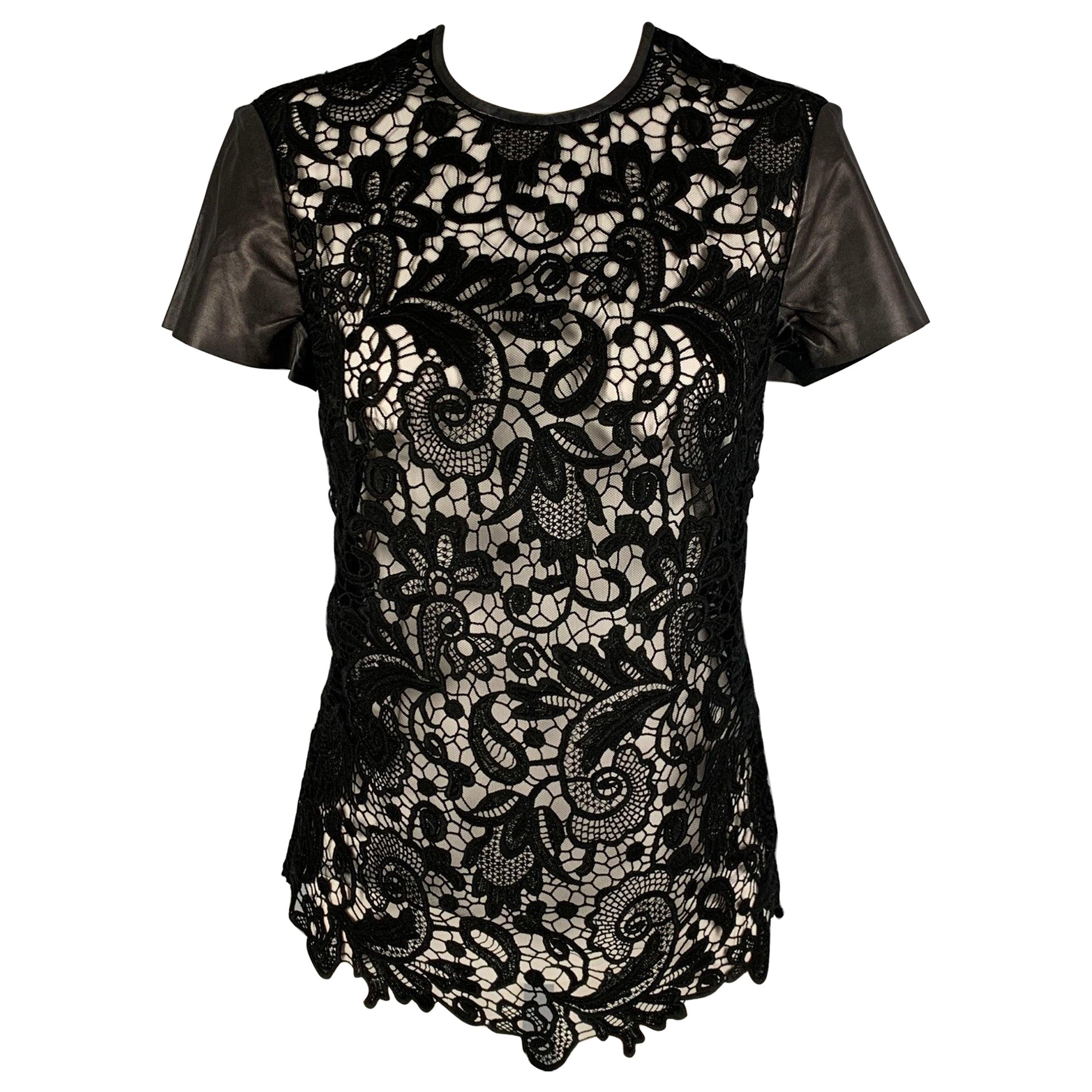 RALPH LAUREN Size 4 Black Cotton Lace Contrast Leather Trim Blouse For Sale