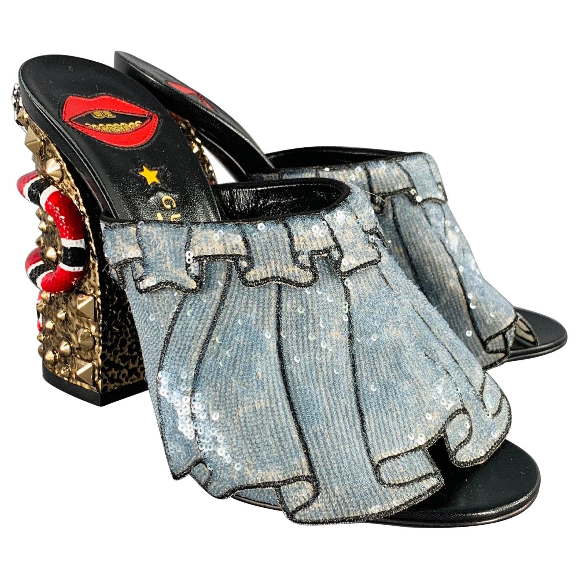GUCCI Size 8 Trompe L'oeil Blue Red Gold Beaded Mules Sandals
