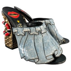 GUCCI Size 8 Trompe L'oeil Blue Red Gold Beaded Mules Sandals