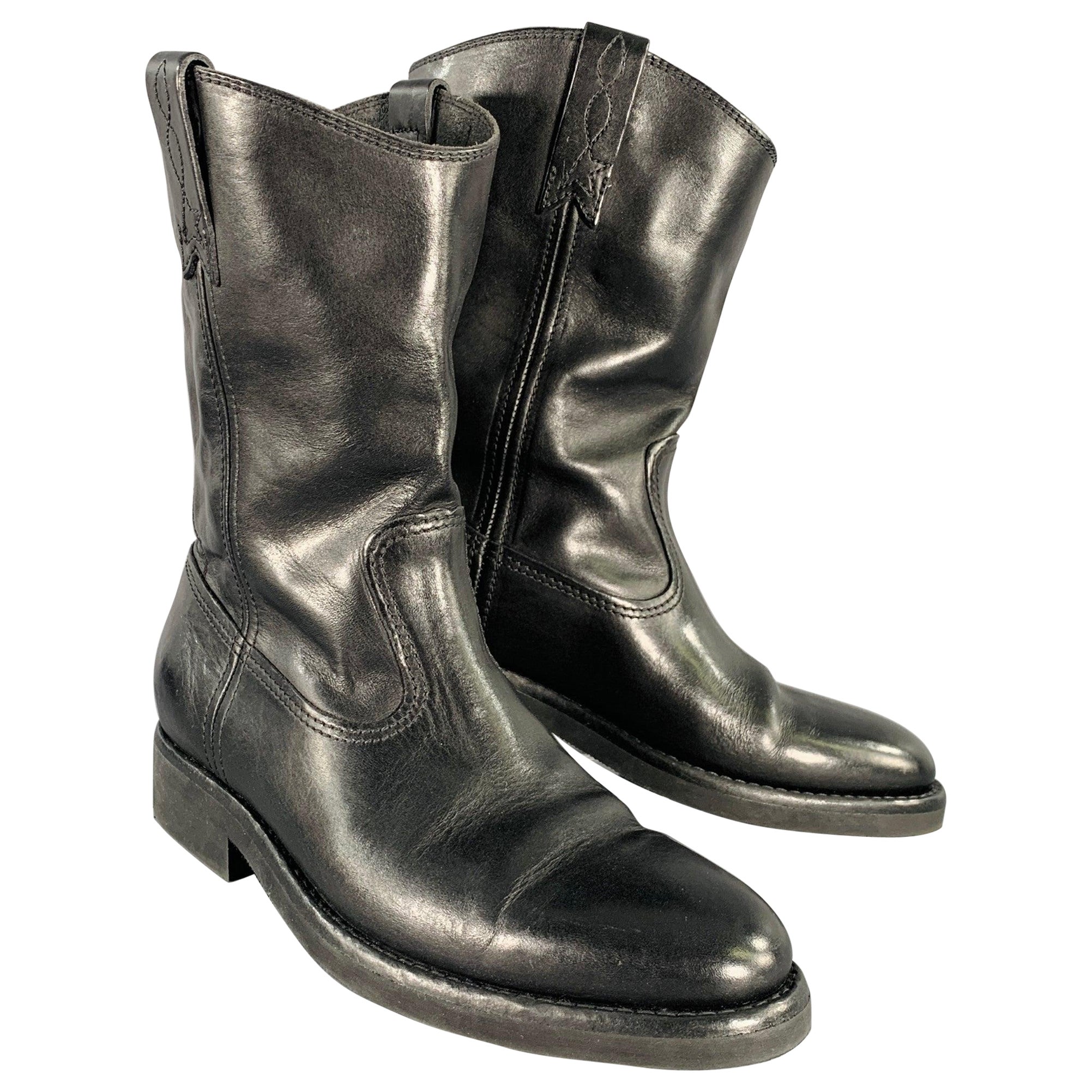GOLDEN GOOSE Size 7 Black Leather Pull On Cowboy Boots For Sale