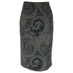 RALPH LAUREN Size 4 Blue Grey Wool Paisley Pencil Below Knee Skirt