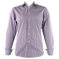 CANALI Talla L Camisa de manga larga con puños franceses de algodón a rayas blancas y moradas