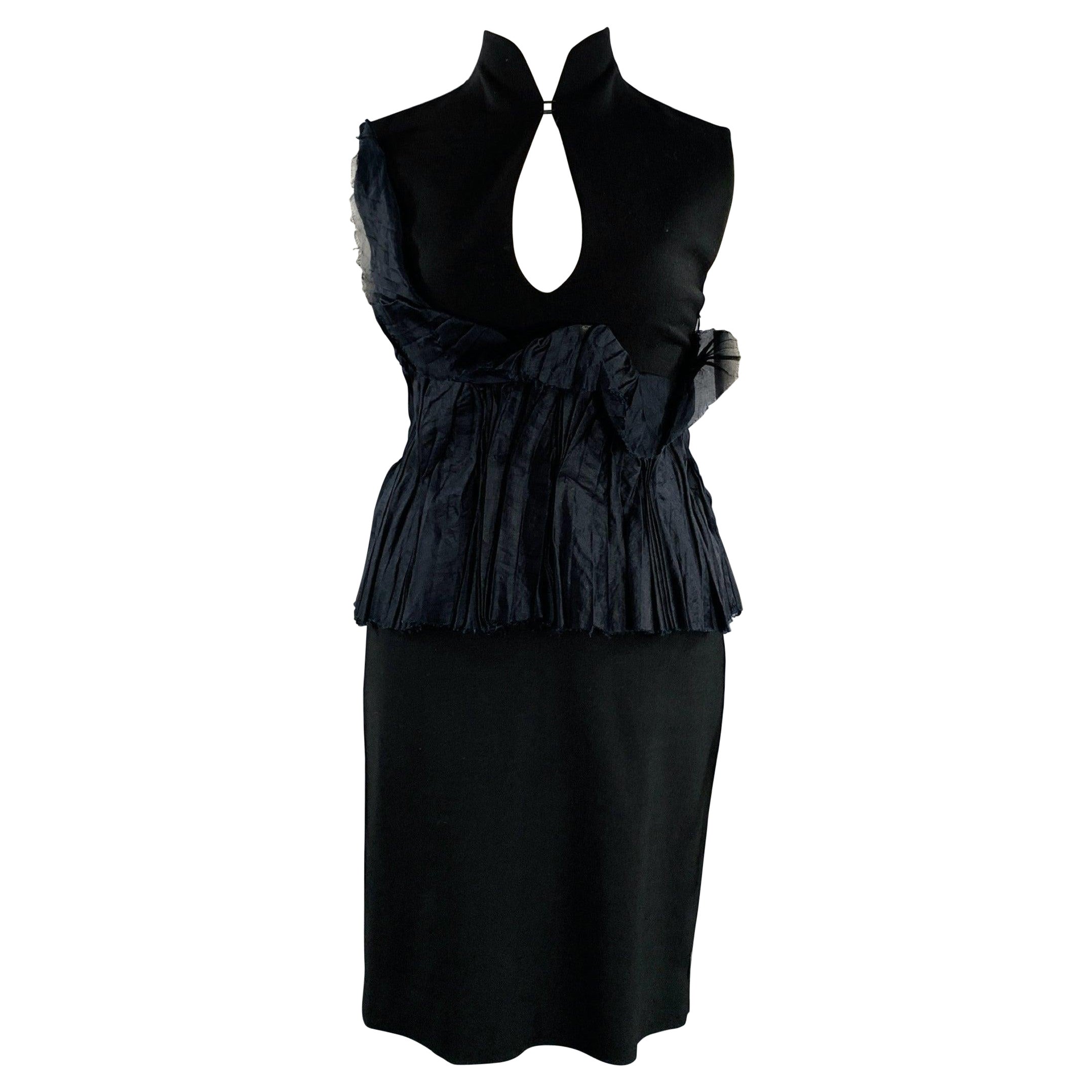 BRIONI Size L Black Mercerized Cotton Ruffled Open Back Cocktail Dress For Sale