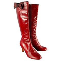 MOSCHINO Size 7 Burgundy Bow Patent Leather Zip Up Boots