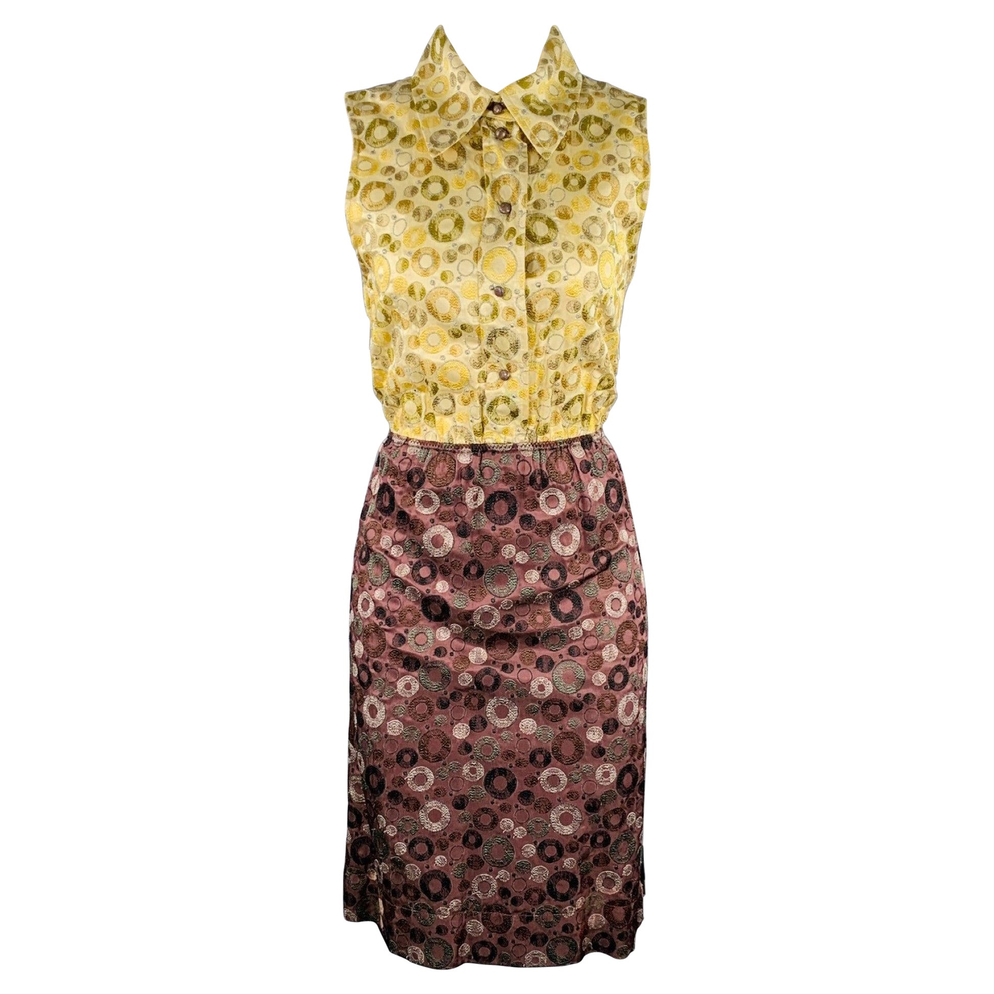 Vestido MARC JACOBS Talla 4 Amarillo Marrón Rayón Seda Bordado Cintura Elástica en venta