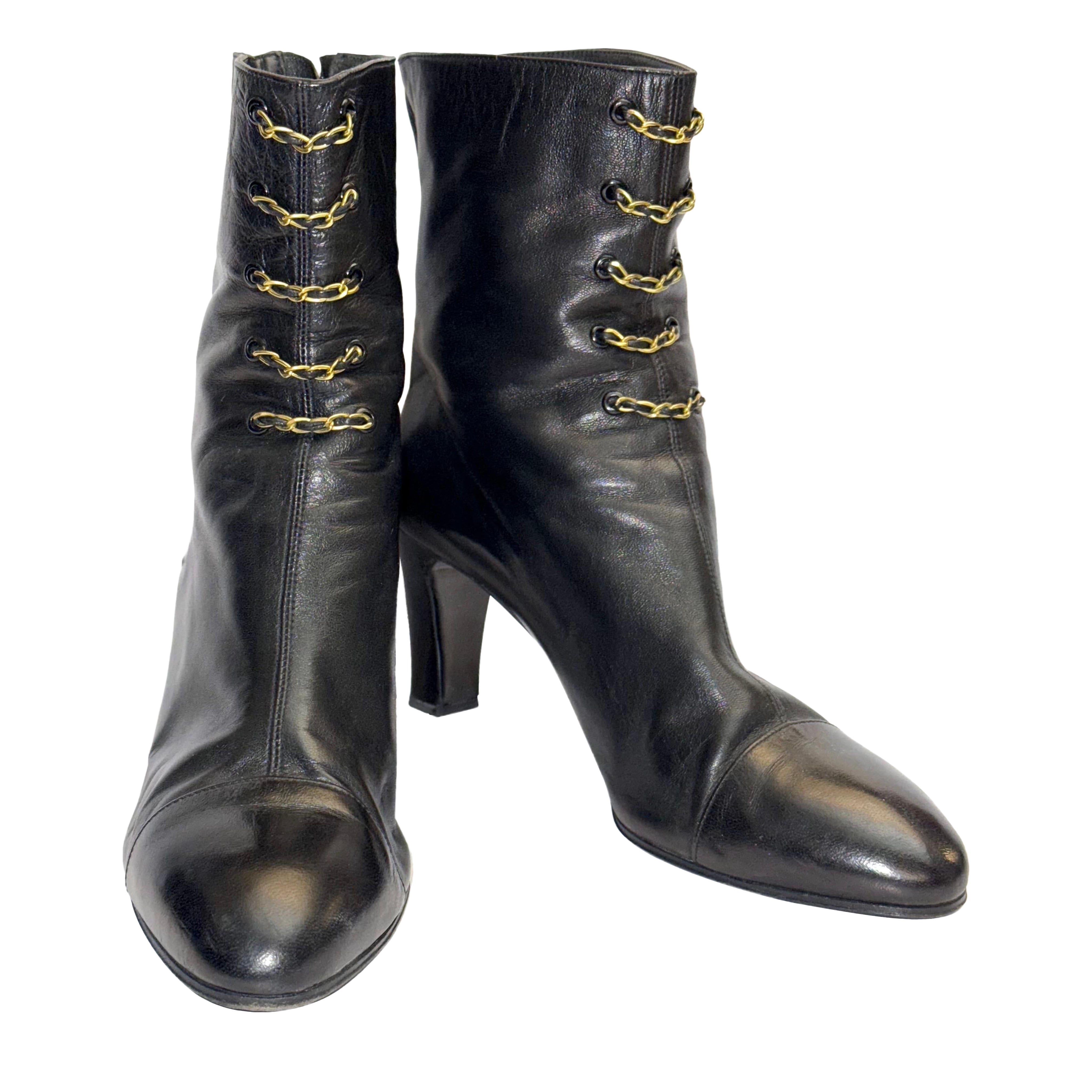 Chanel Gold Chain Hardware Leather Ankle Boots For Sale