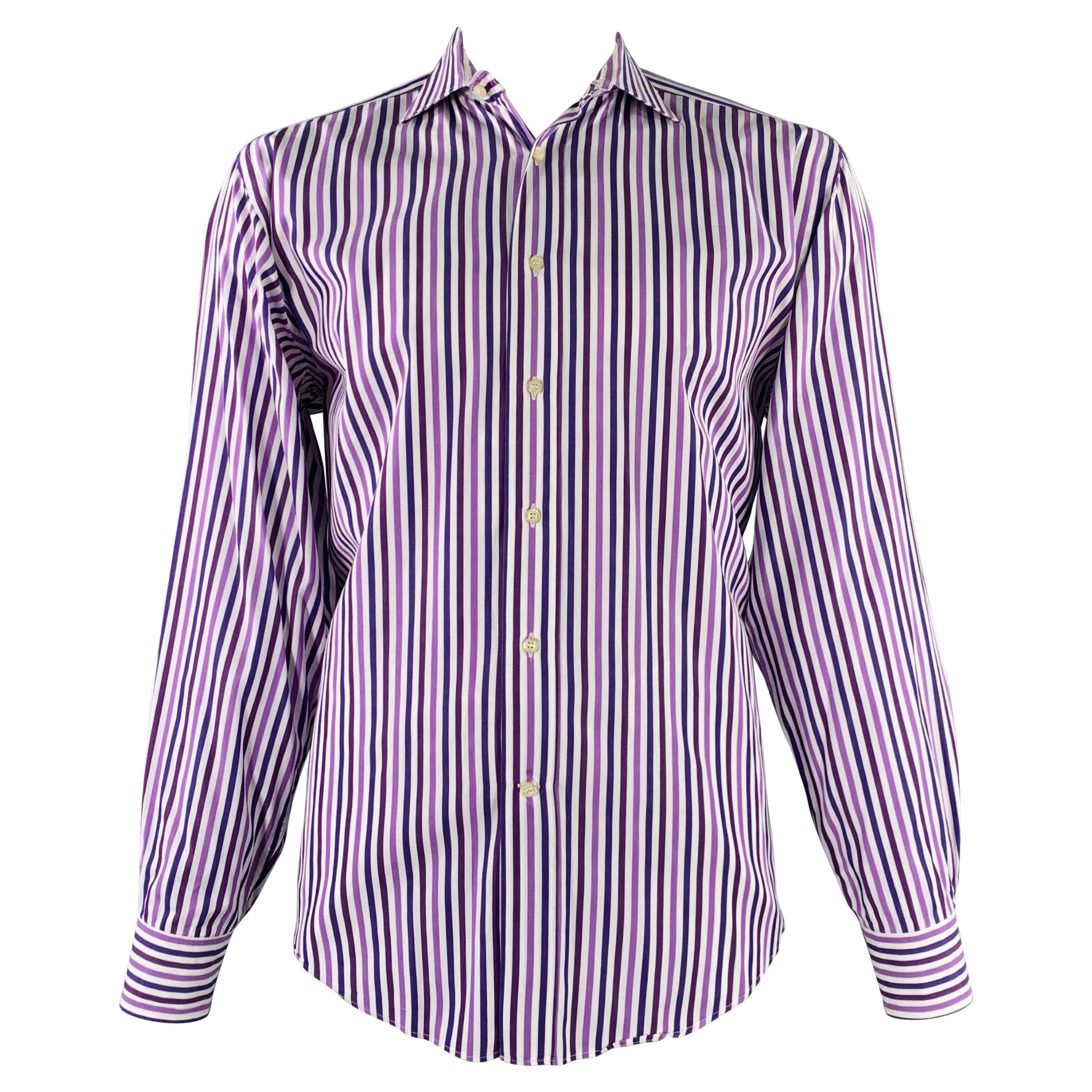 Etro Taglia L Camicia a maniche lunghe in cotone a righe bianche e viola con colletto aperto